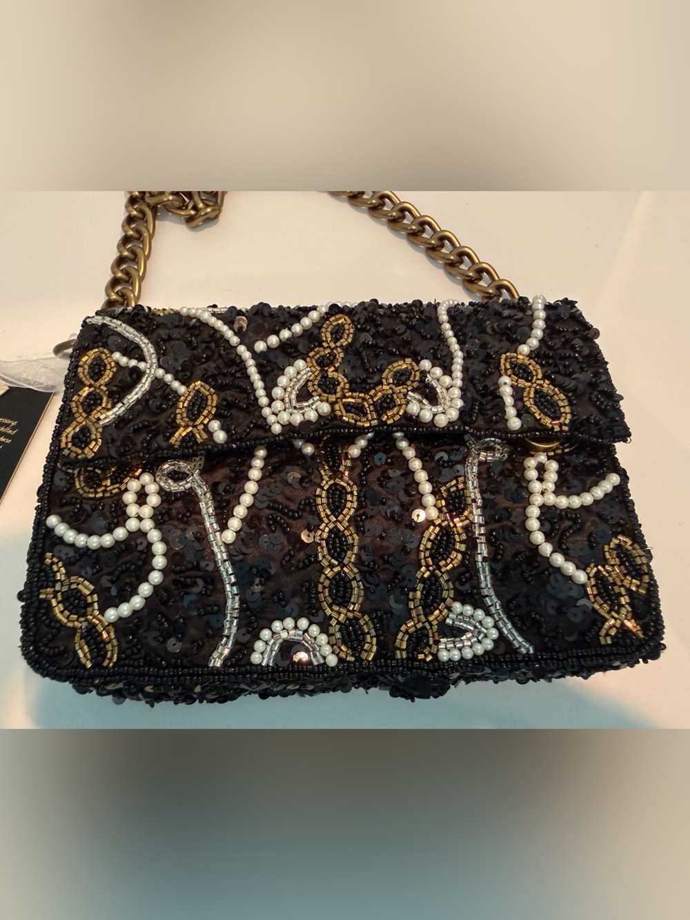 * NEW RELEASE Black Sequined Bag with Gold Chain and Pearl & Beaded Accents